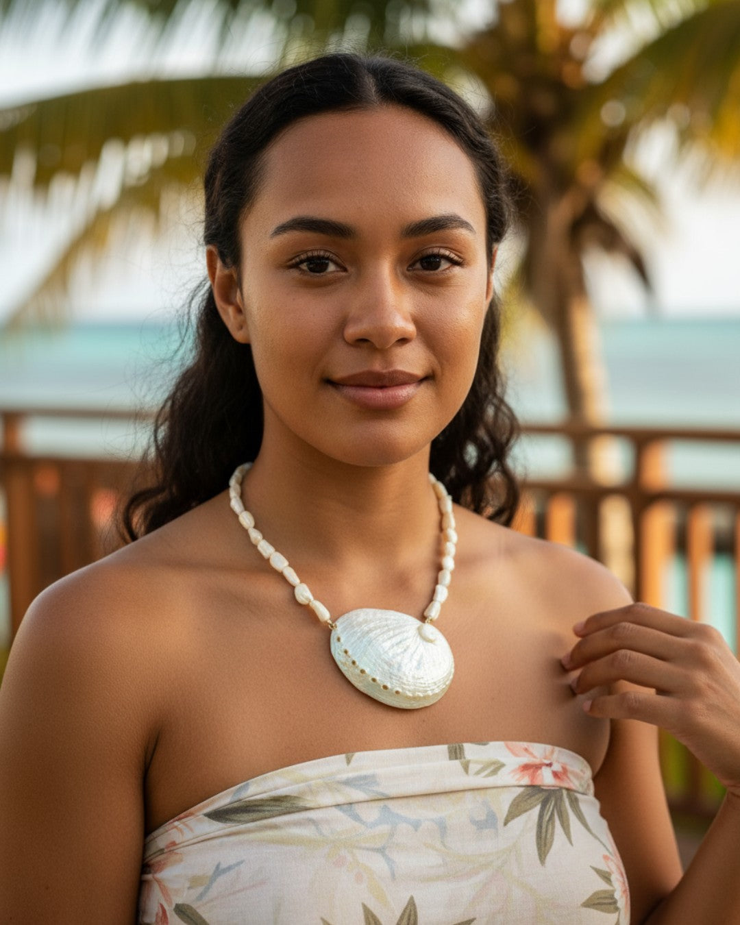 Woman wearing a floral dress and necklace with palm trees in the background