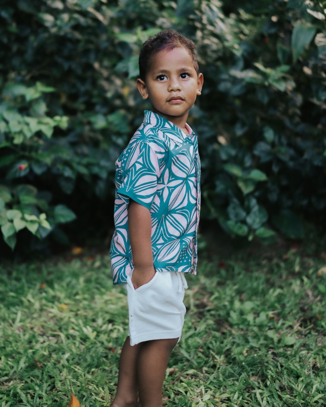 Kanoa II Kids Short Sleeve Island Shirt - Pacific Floral Peach - Front