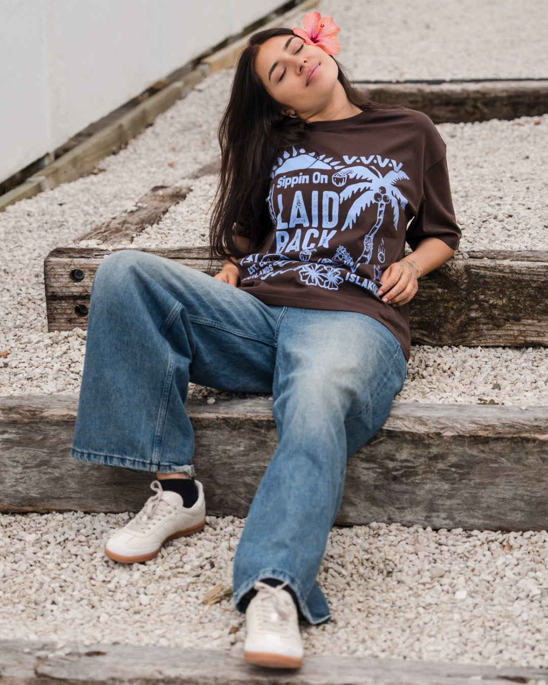 Laid Back Oversized T-Shirt - Choc & Cornflower Blue - Sitting