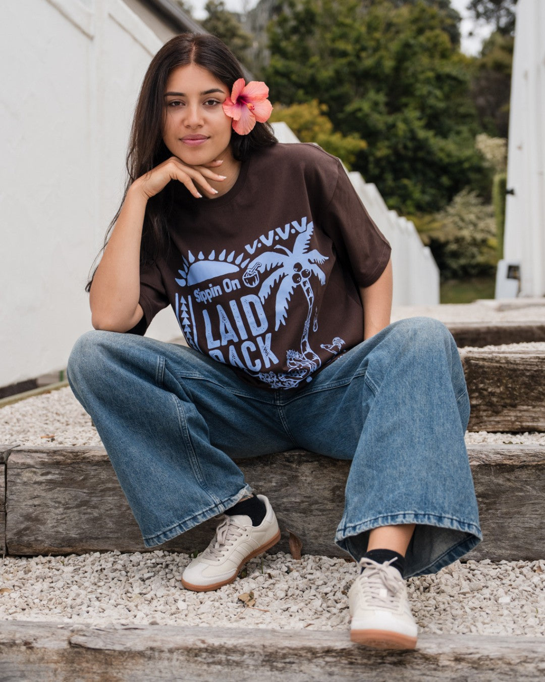 Laid Back Oversized T-Shirt - Choc & Cornflower Blue - Sitting
