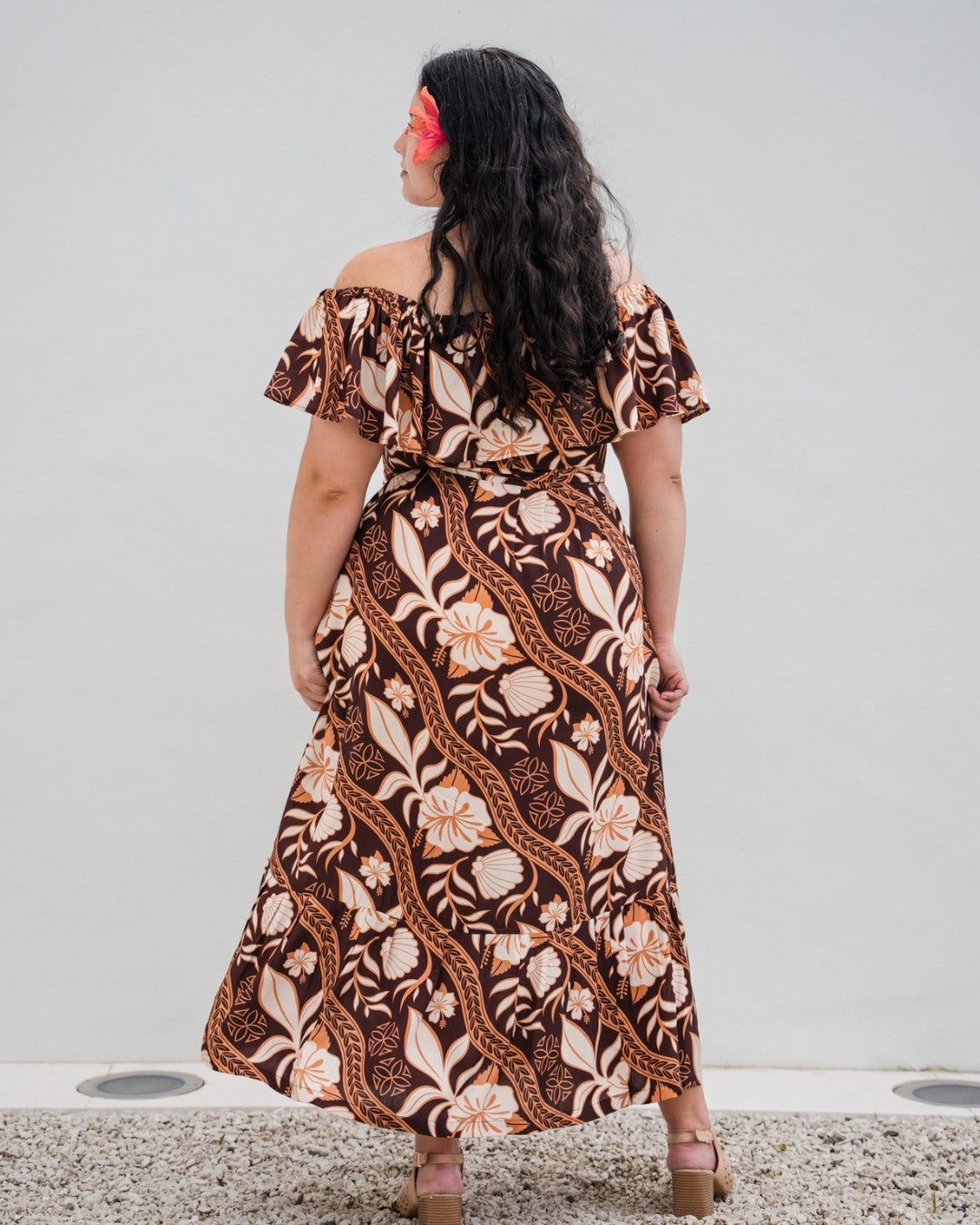 Teuila Womens Off Shoulder Island Dress - Island Vines Tim Tam - Back
