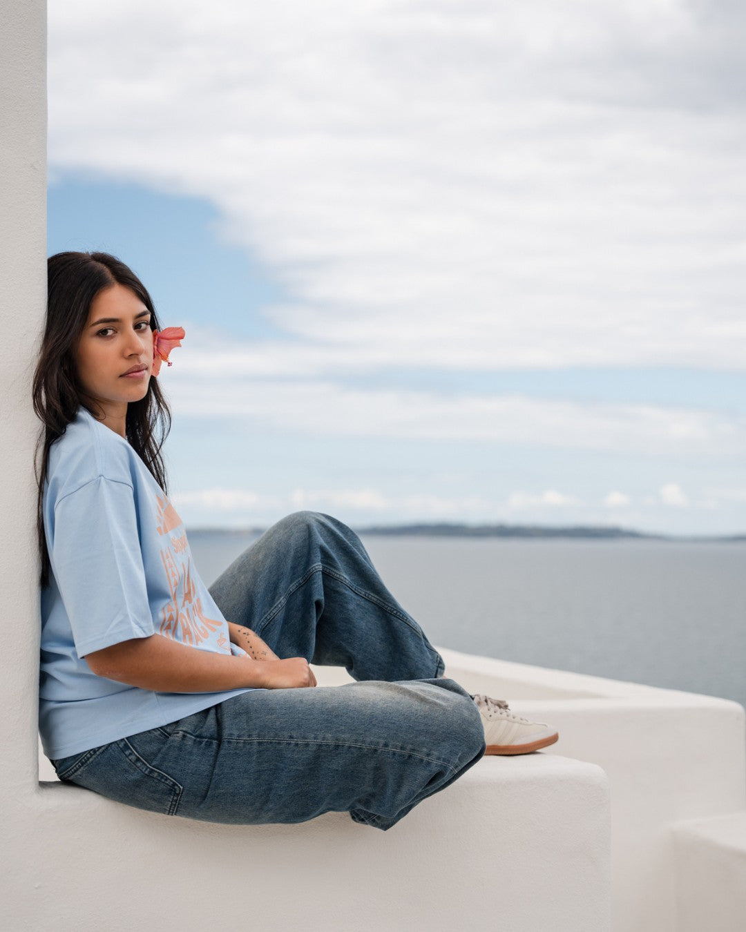 Laid Back Oversized T-Shirt - Light Blue & Peachy Tan - Sitting Side