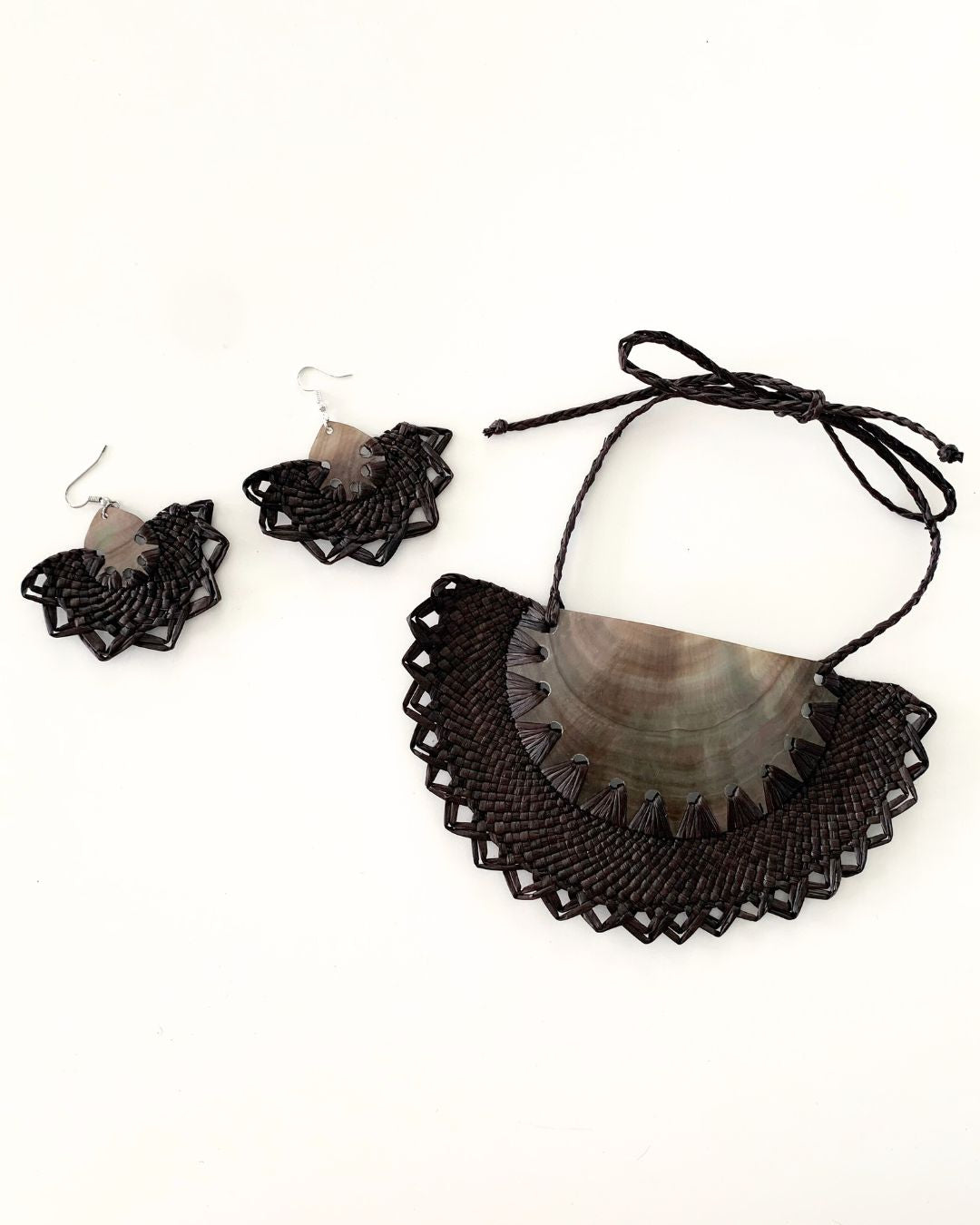 Cook Islands Handmade Rito Earring &amp; Necklace Set In Choc Brown