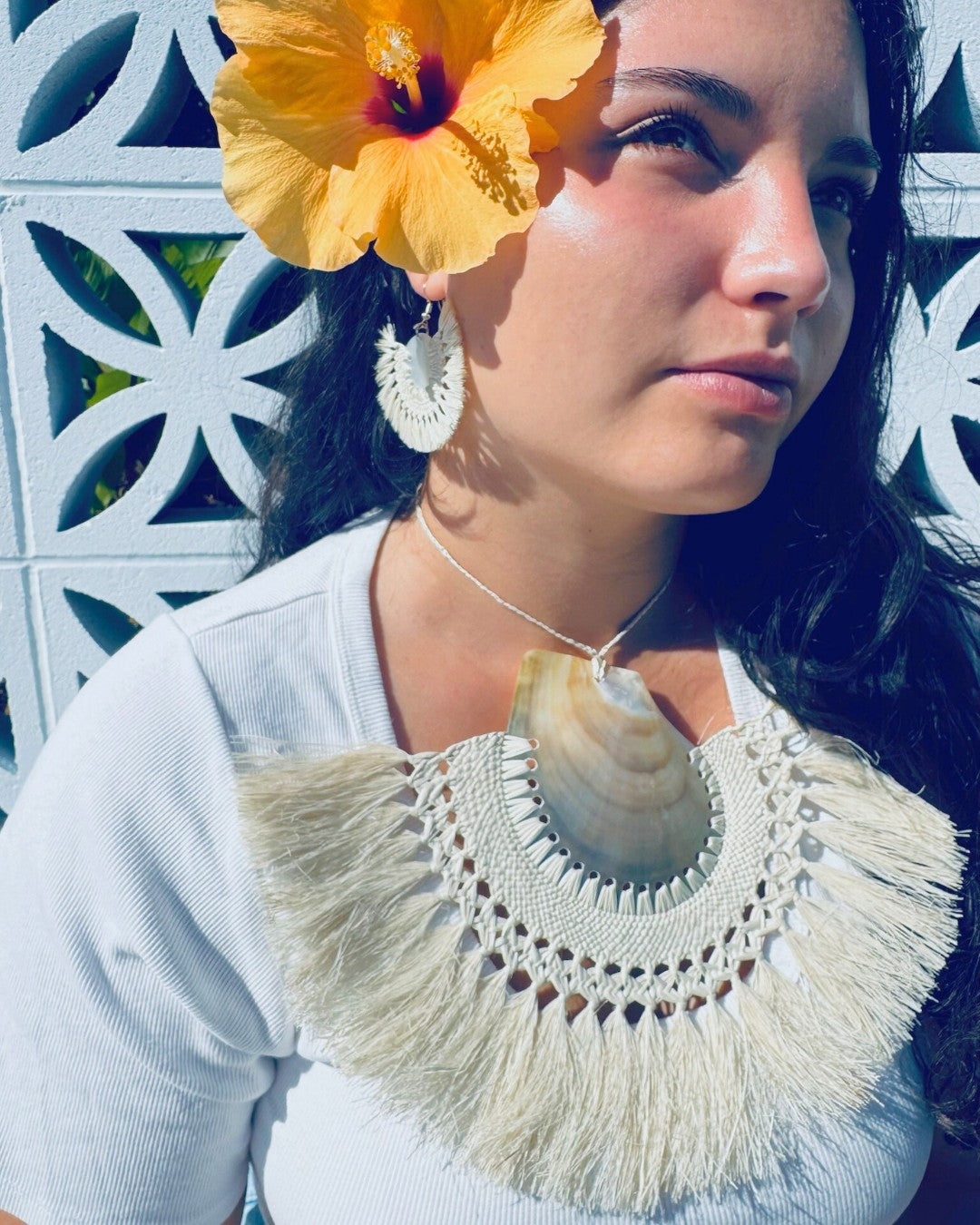 Cook Islands Handmade Rito Earring & Necklace Set In Natural