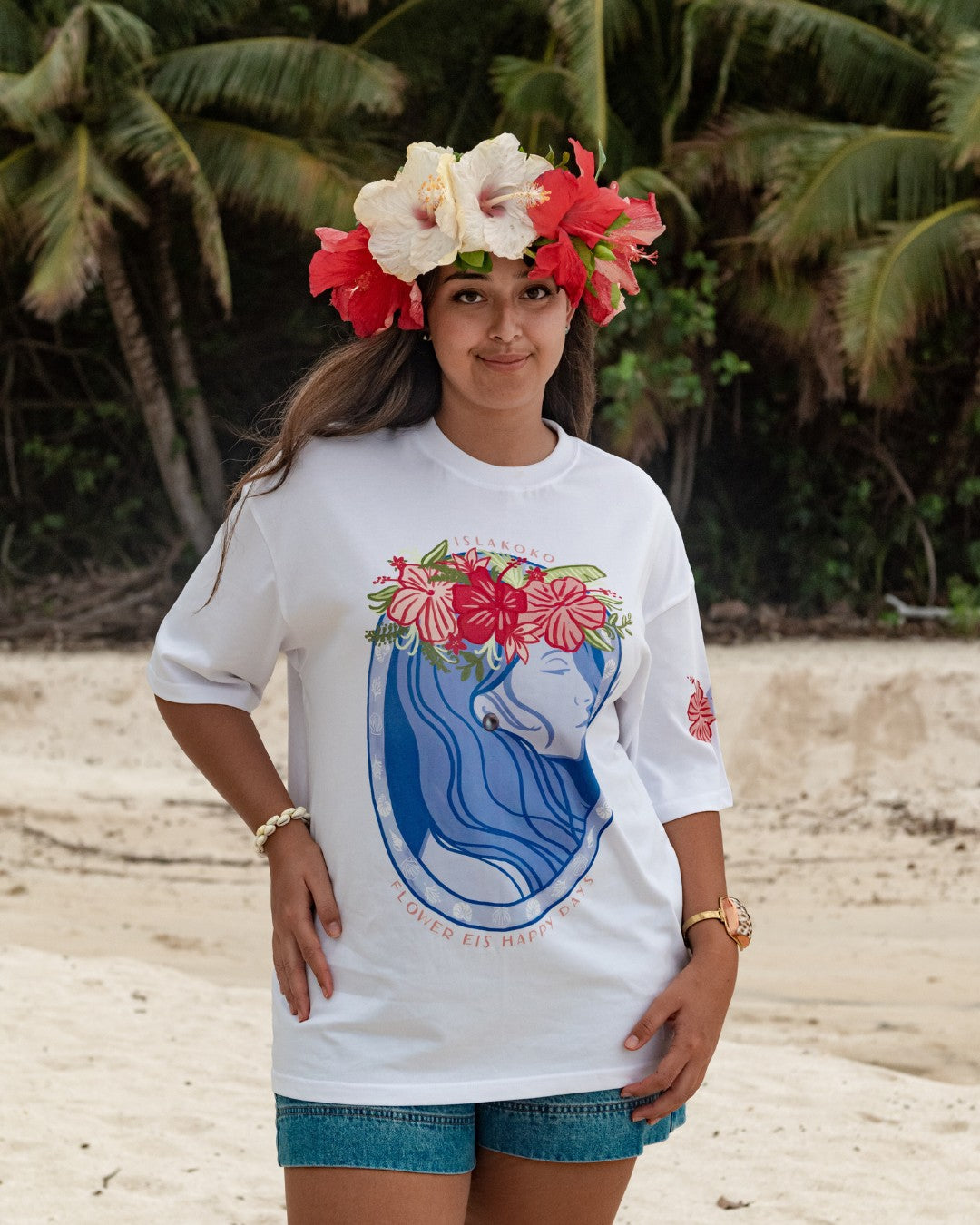 Flower Eis Happy Days Oversized T-Shirt - White &amp; Cornflower Blue - Front