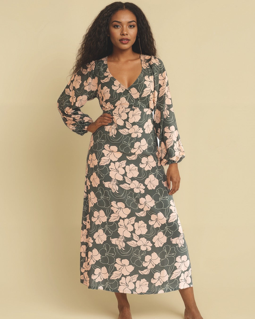 Indie Womens Puff Sleeve Midi Dress
