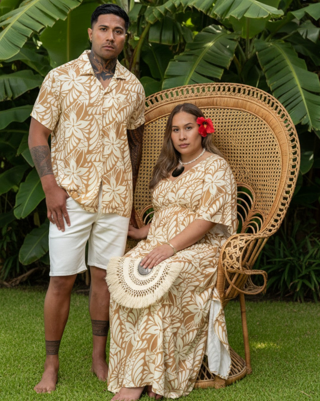 Island Dress & Shirt Matching Set - Lagoon Banana Palm