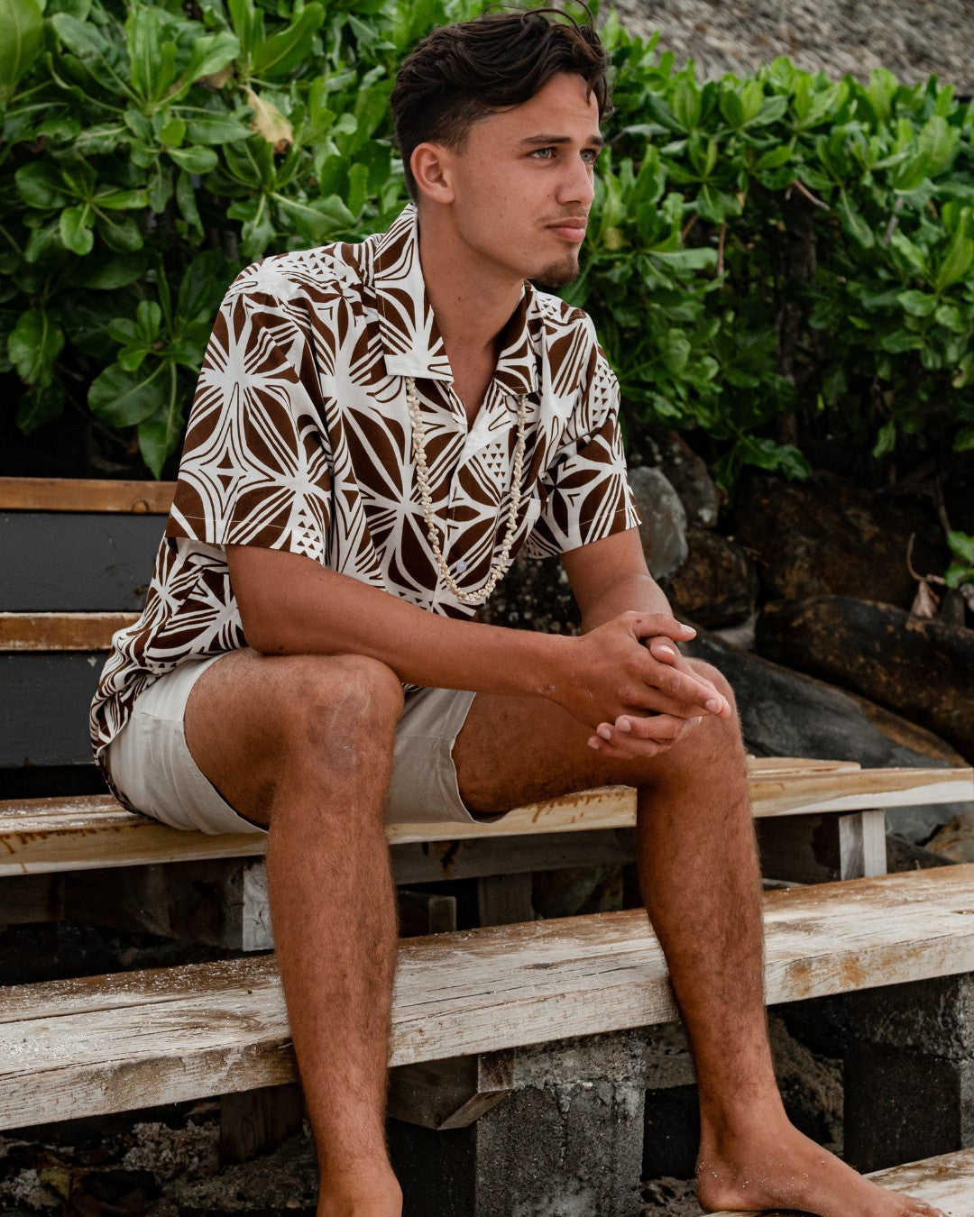 Kanoa Mens Island Shirt - Pacific Floral Coconut - Sitting