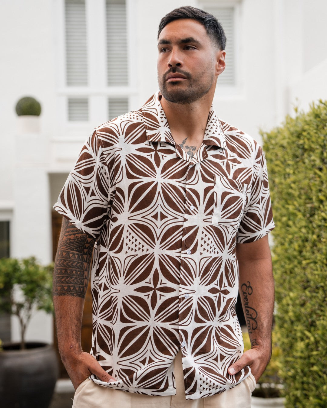 Kanoa Mens Island Shirt - Pacific Floral Coconut - Front