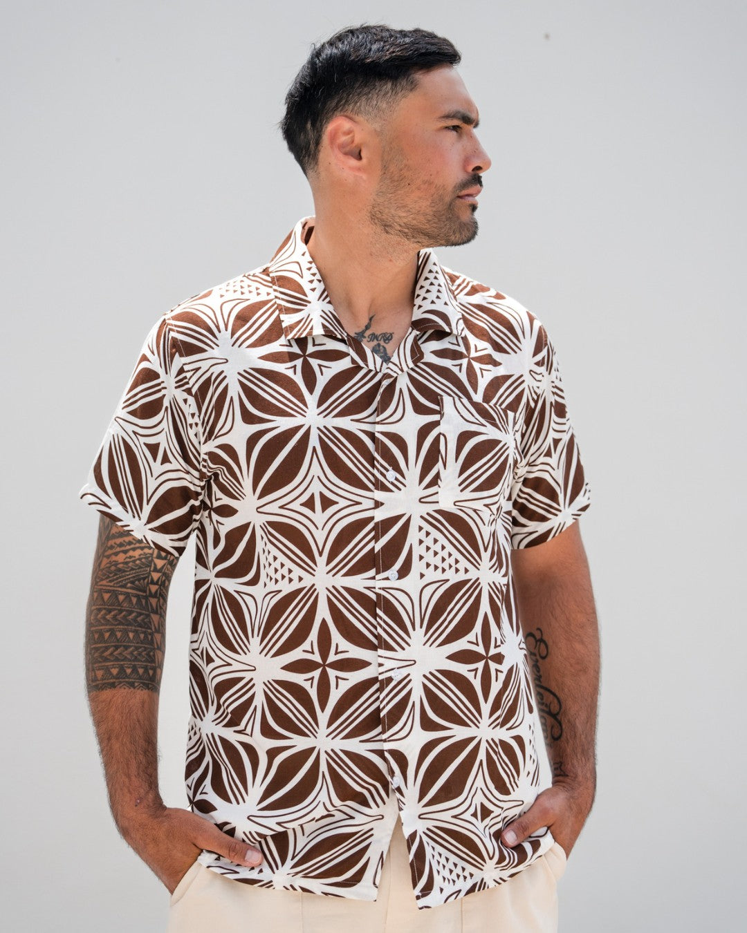 Kanoa Mens Island Shirt - Pacific Floral Coconut - Front