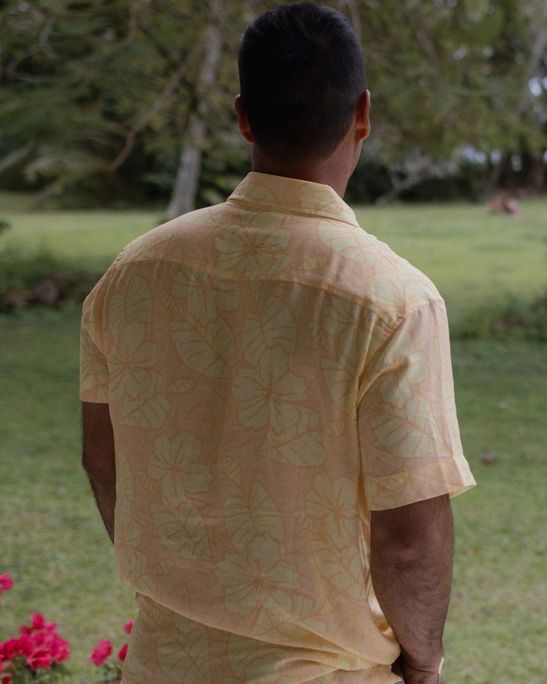 Kanoa Short Sleeve Mens Island Shirt - Royal Hibiscus Mango - Orange