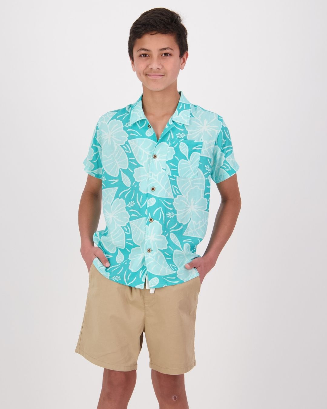 Kanoa Short Sleeve Teen Island Shirt - Royal Hibiscus Tide - Blue