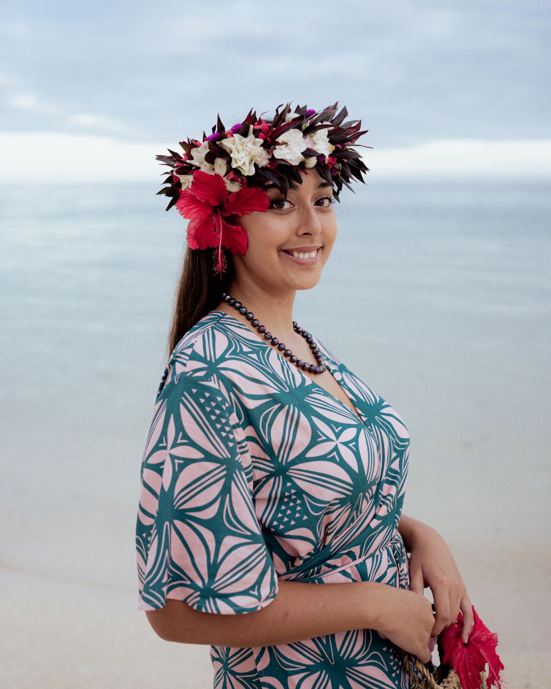 La’ei Womens Wrap Island Dress - Pacific Floral Peach - Close Up