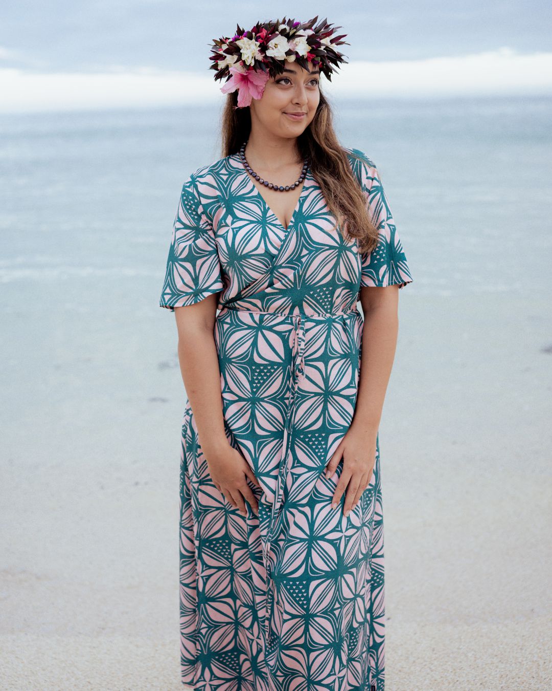 La’ei Womens Wrap Island Dress - Pacific Floral Peach - Front