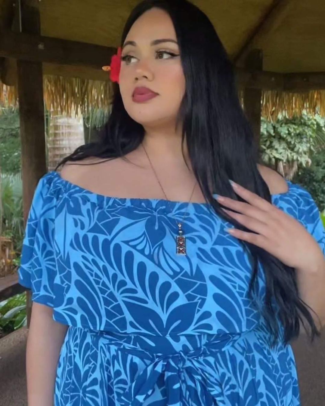 Teuila Womens Off Shoulder Island Dress - Lagoon Blue Print