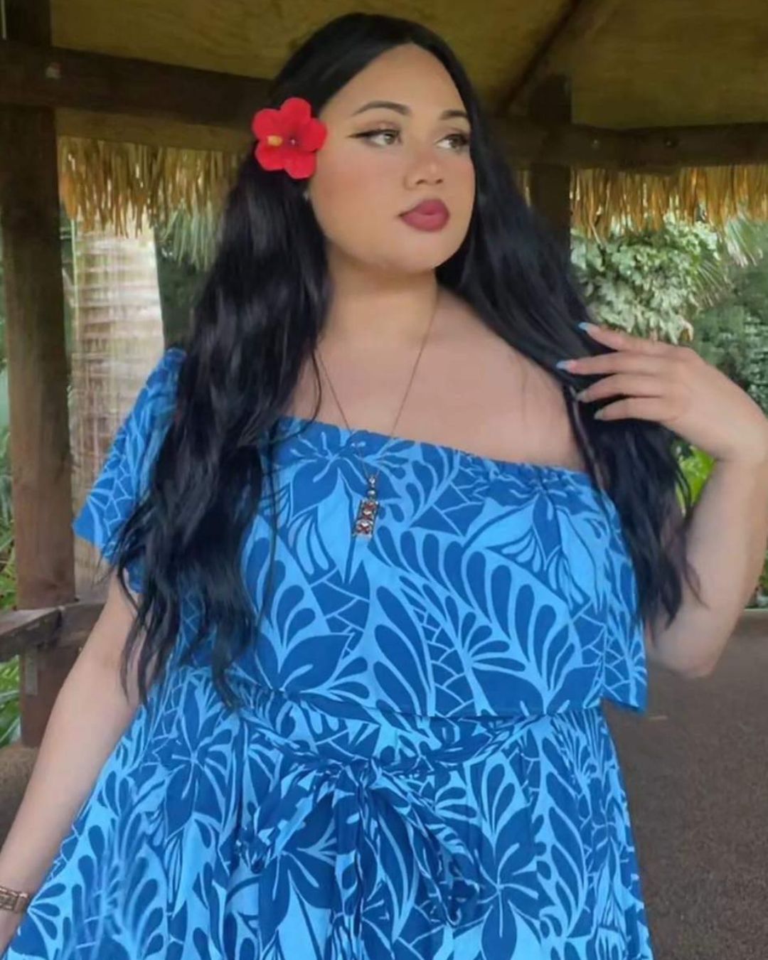 Teuila Womens Off Shoulder Island Dress - Lagoon Blue Print