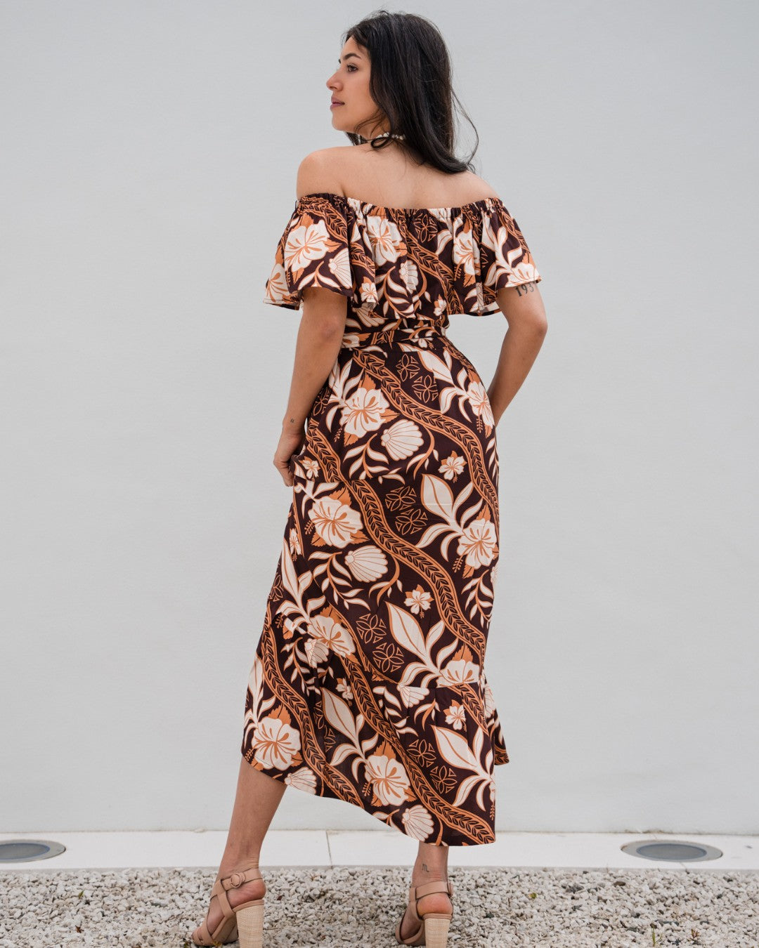 Teuila Womens Off Shoulder Island Dress - Island Vines Tim Tam - Back