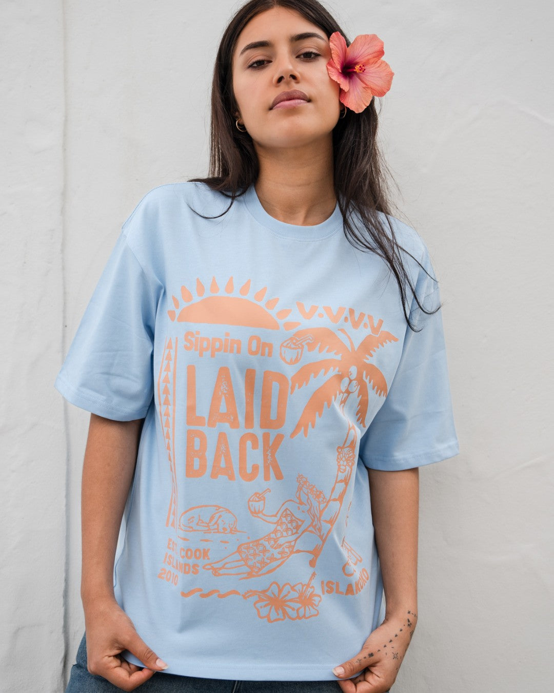 Laid Back Oversized T-Shirt - Light Blue &amp; Peachy Tan - Front