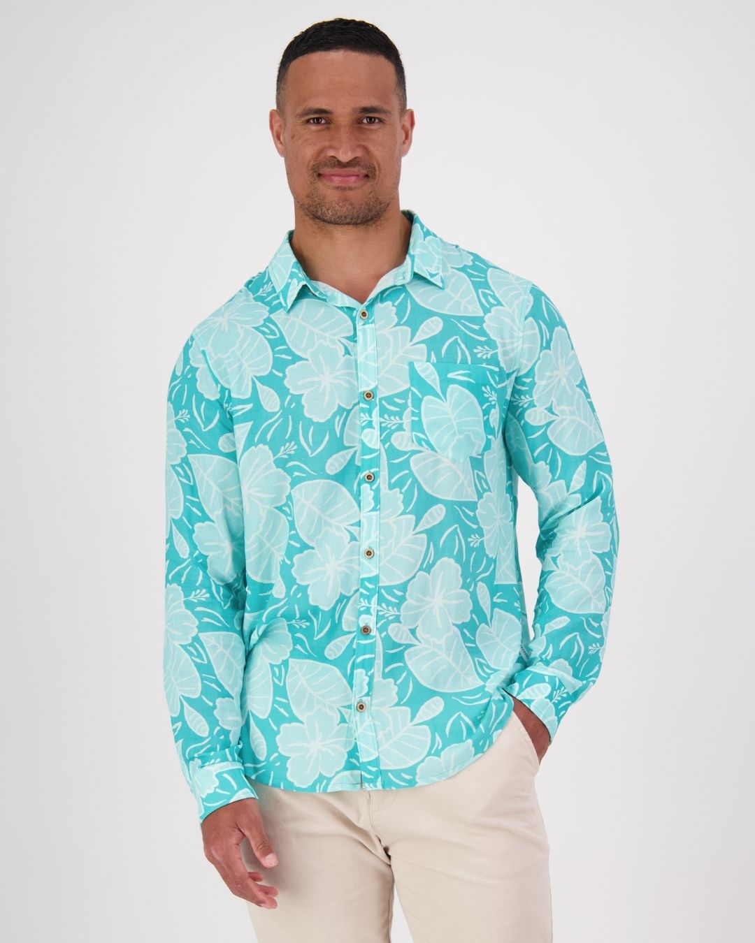 Zephyr Long Sleeve Mens Island Shirt - Royal Hibiscus Tide - Blue