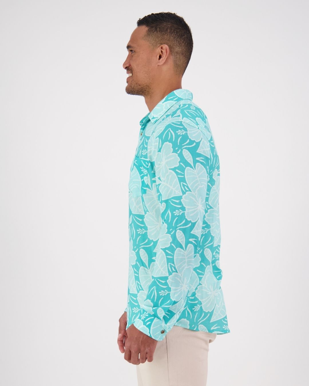 Zephyr Long Sleeve Mens Island Shirt - Royal Hibiscus Tide - Blue