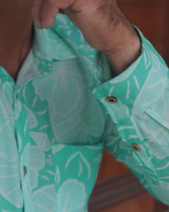 Zephyr Long Sleeve Mens Island Shirt - Royal Hibiscus Tide - Blue - Video