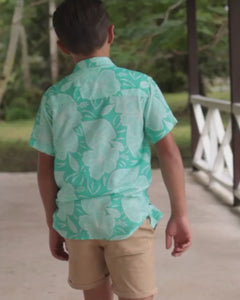 Kanoa Short Sleeve Teen Island Shirt - Royal Hibiscus Tide - Blue - Video