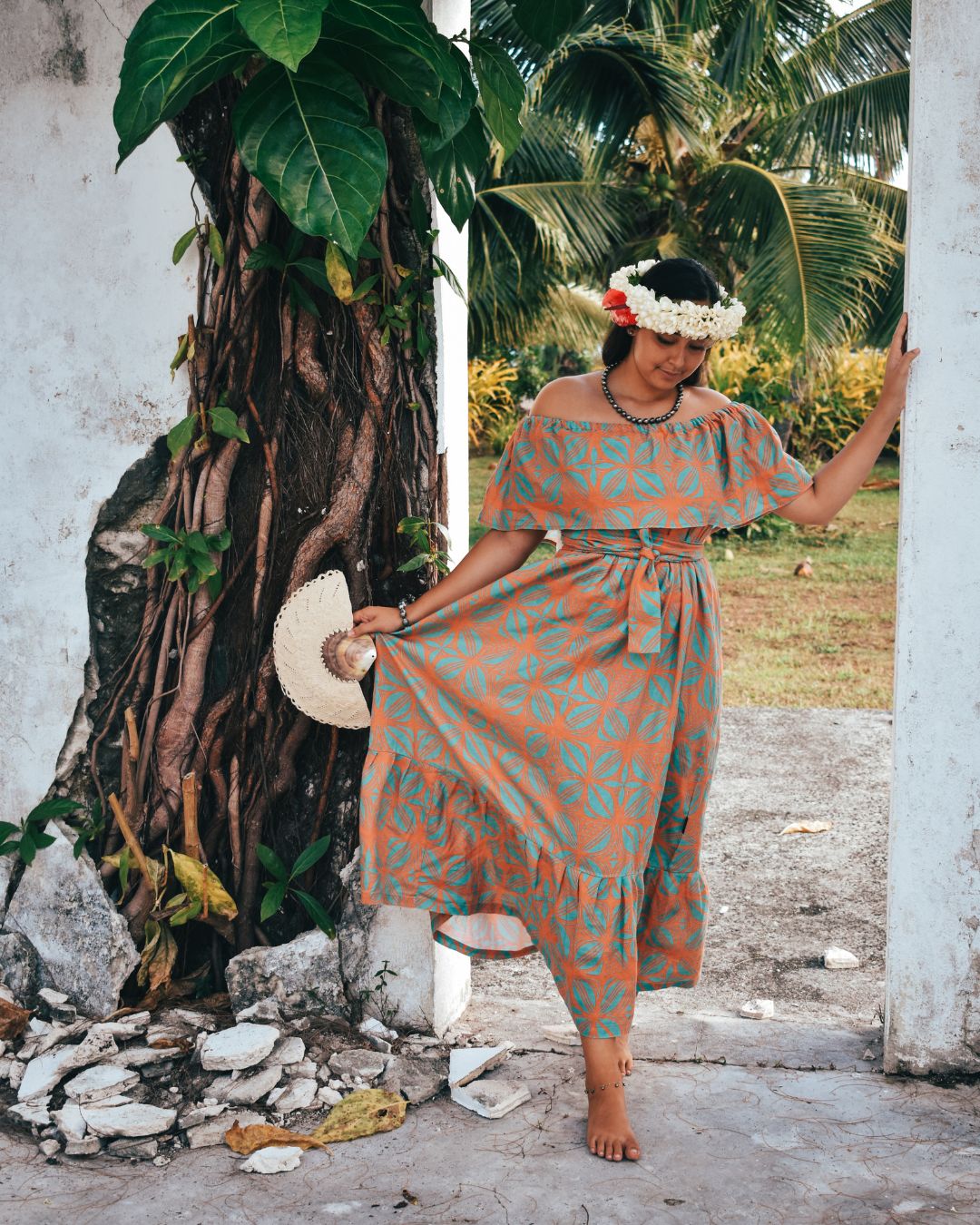 Teuila Womens Off Shoulder Dress - Pacific Floral Aqua